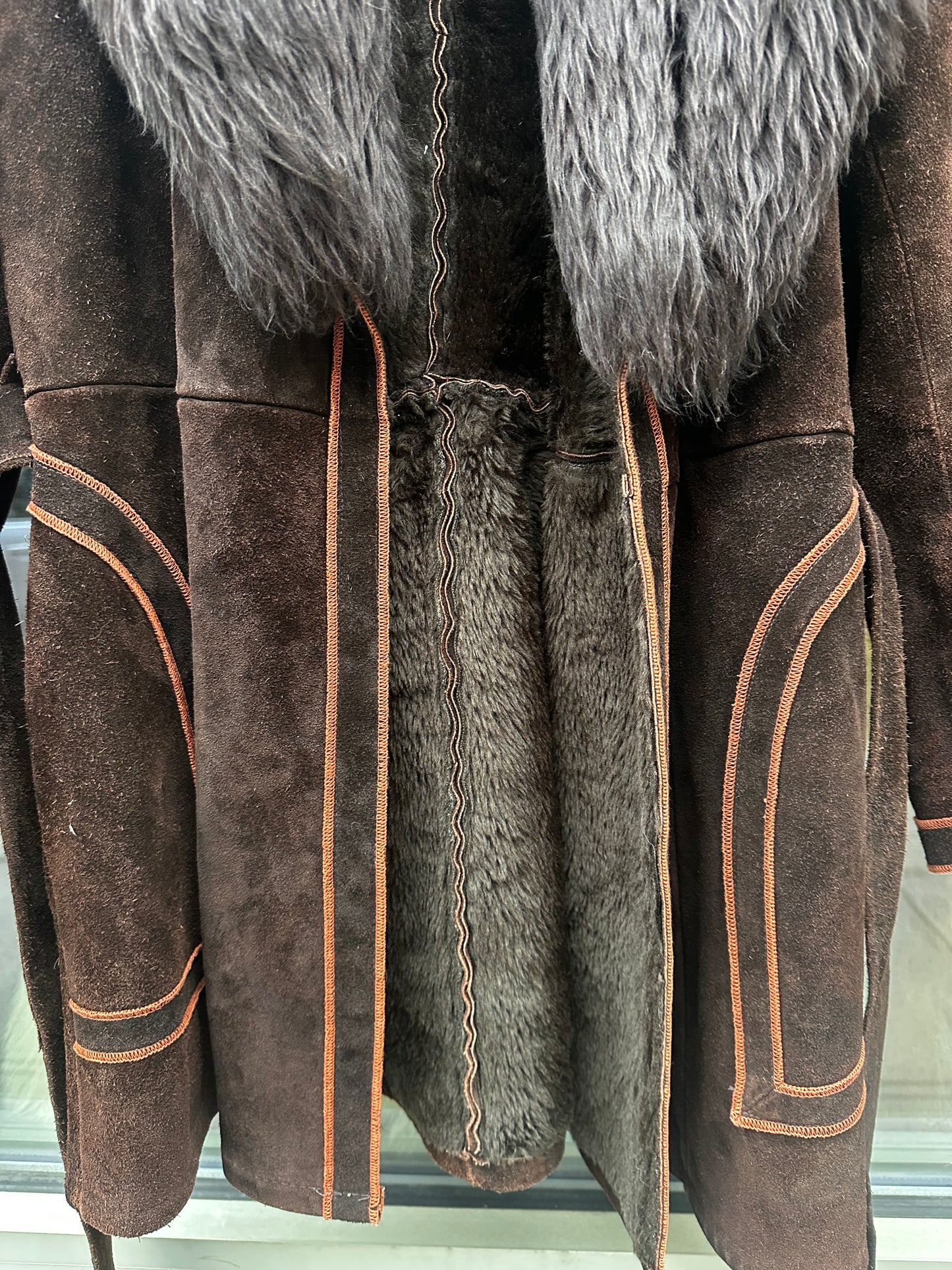 Knee Length Brown Suede Coat Lamb Collar