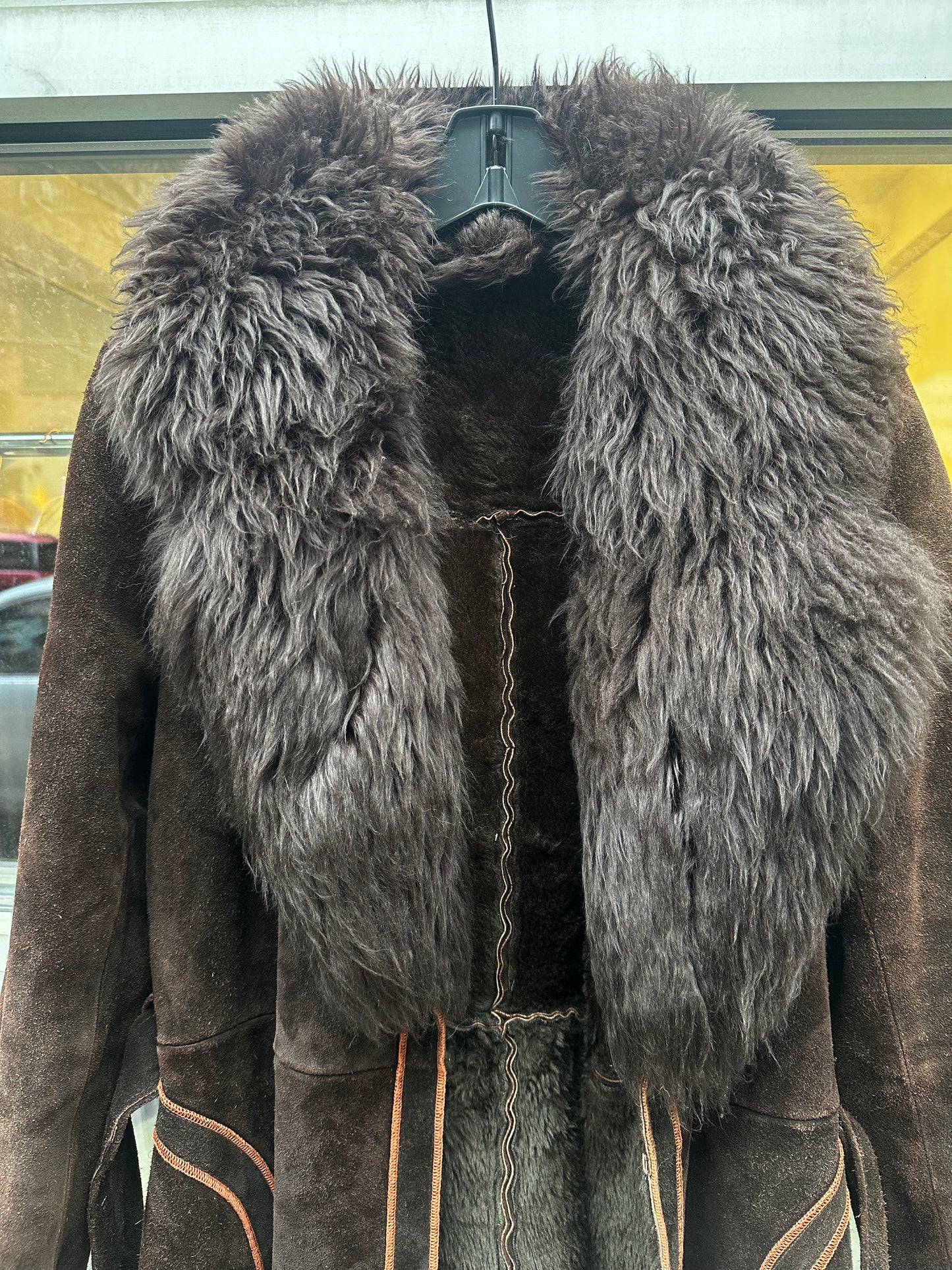 Knee Length Brown Suede Coat Lamb Collar