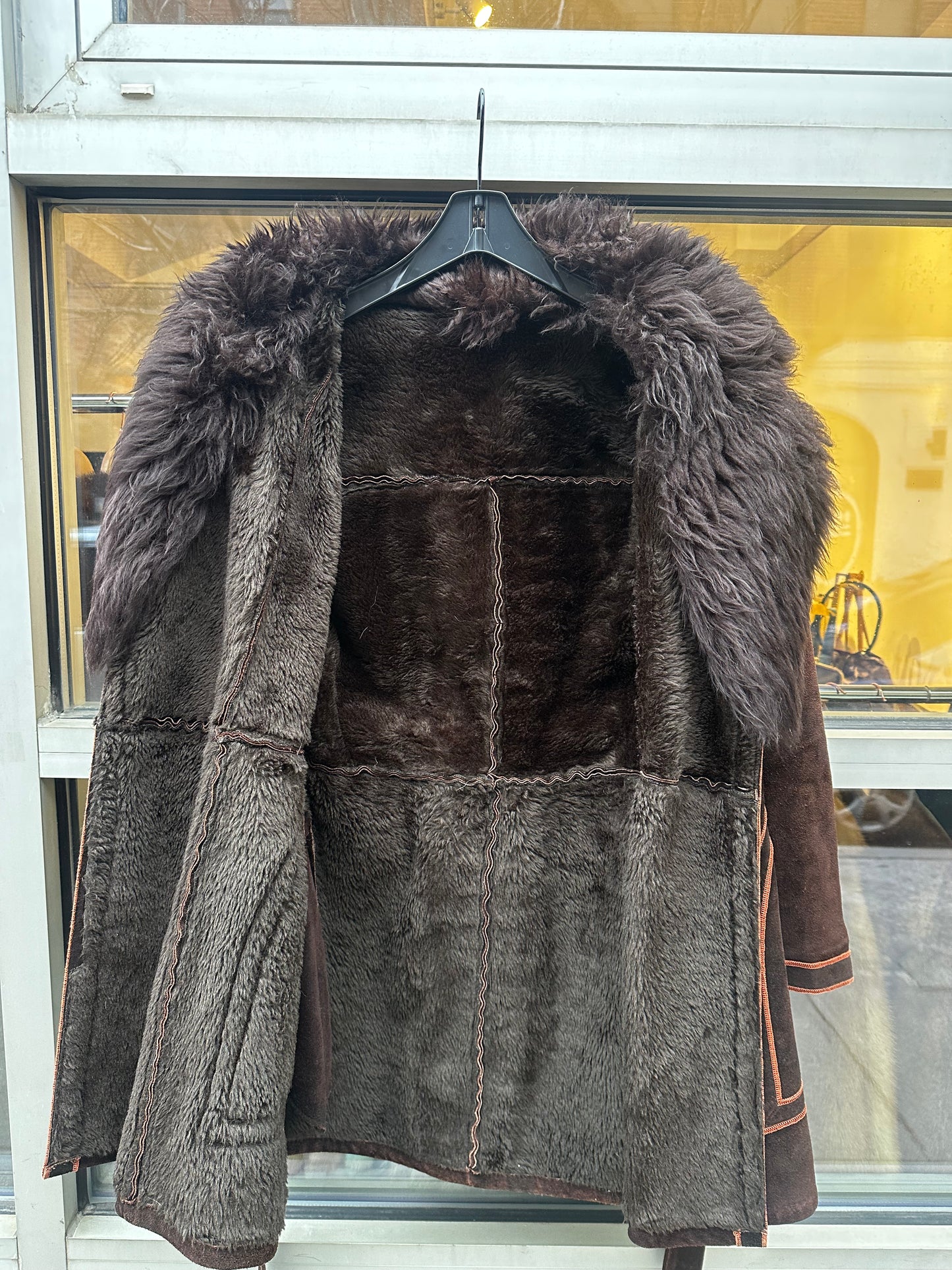 Knee Length Brown Suede Coat Lamb Collar