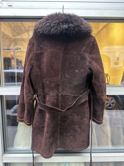 Knee Length Brown Suede Coat Lamb Collar