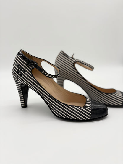 Chanel Striped Fabic Mary Janes Heels