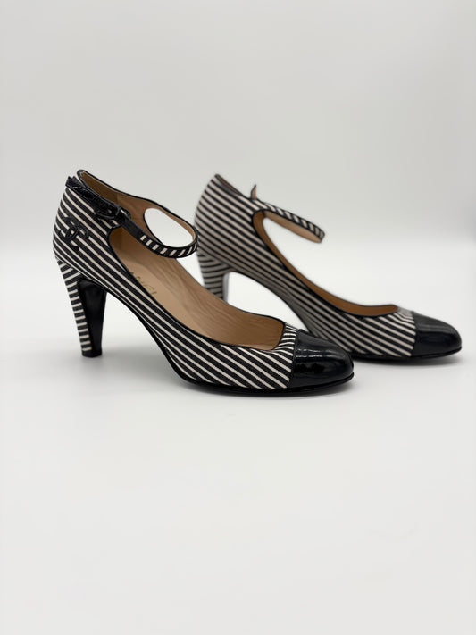 Chanel Striped Fabic Mary Janes Heels
