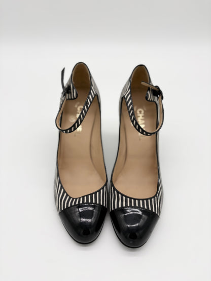 Chanel Striped Fabic Mary Janes Heels