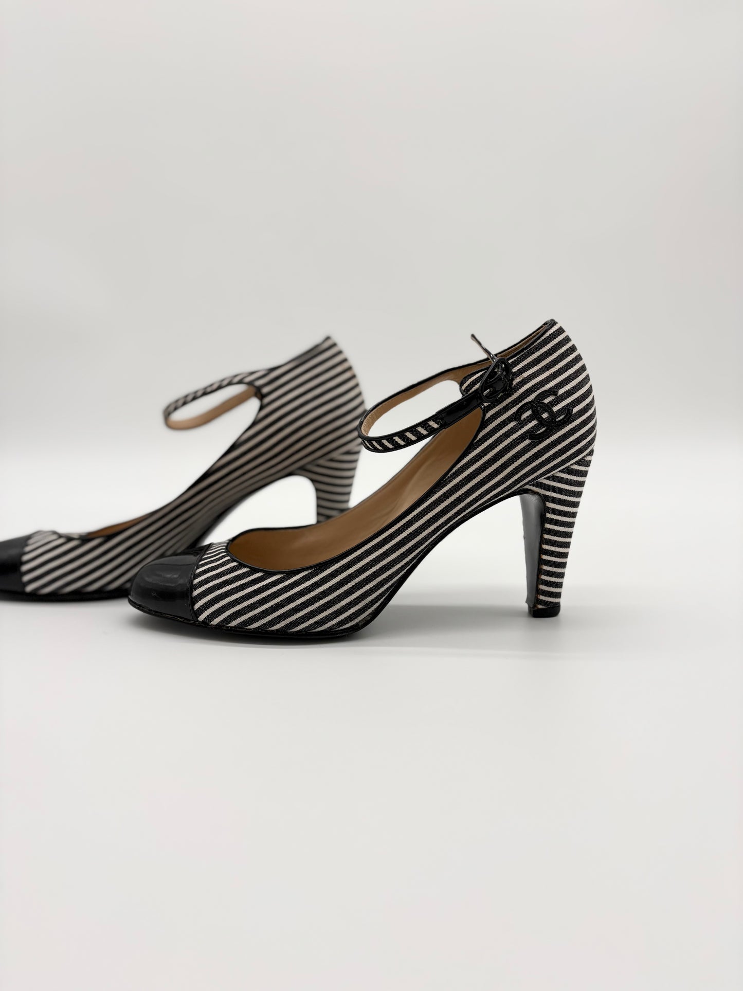 Chanel Striped Fabic Mary Janes Heels