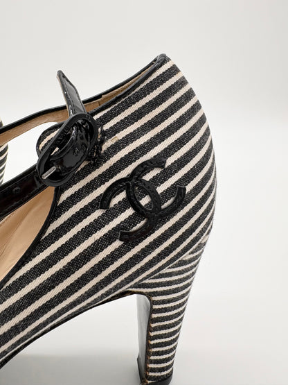 Chanel Striped Fabic Mary Janes Heels