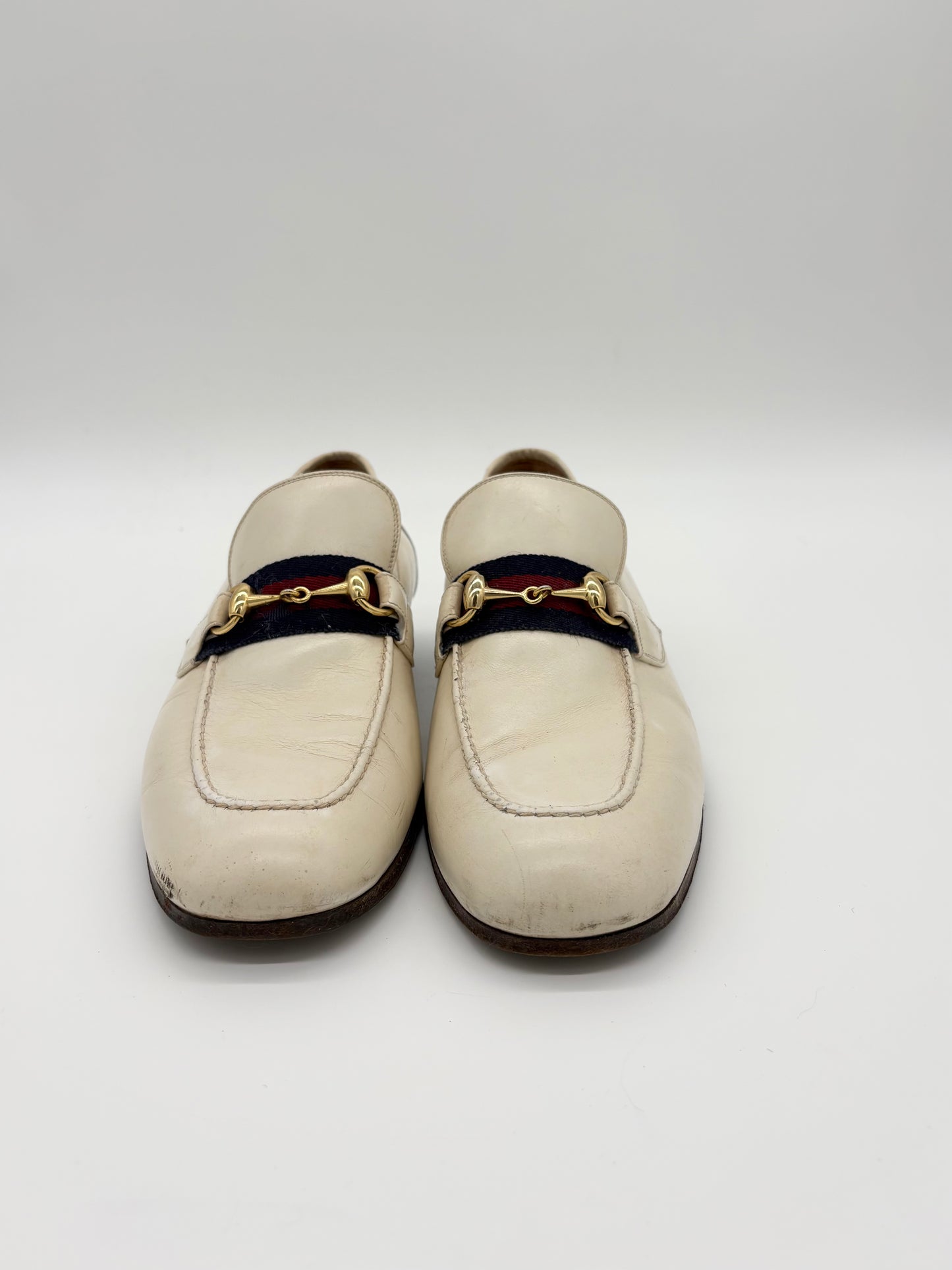 Gucci White Leather Horsebit Mules & Clogs