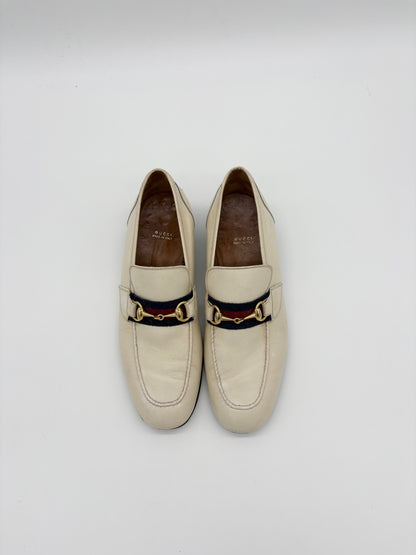 Gucci White Leather Horsebit Mules & Clogs