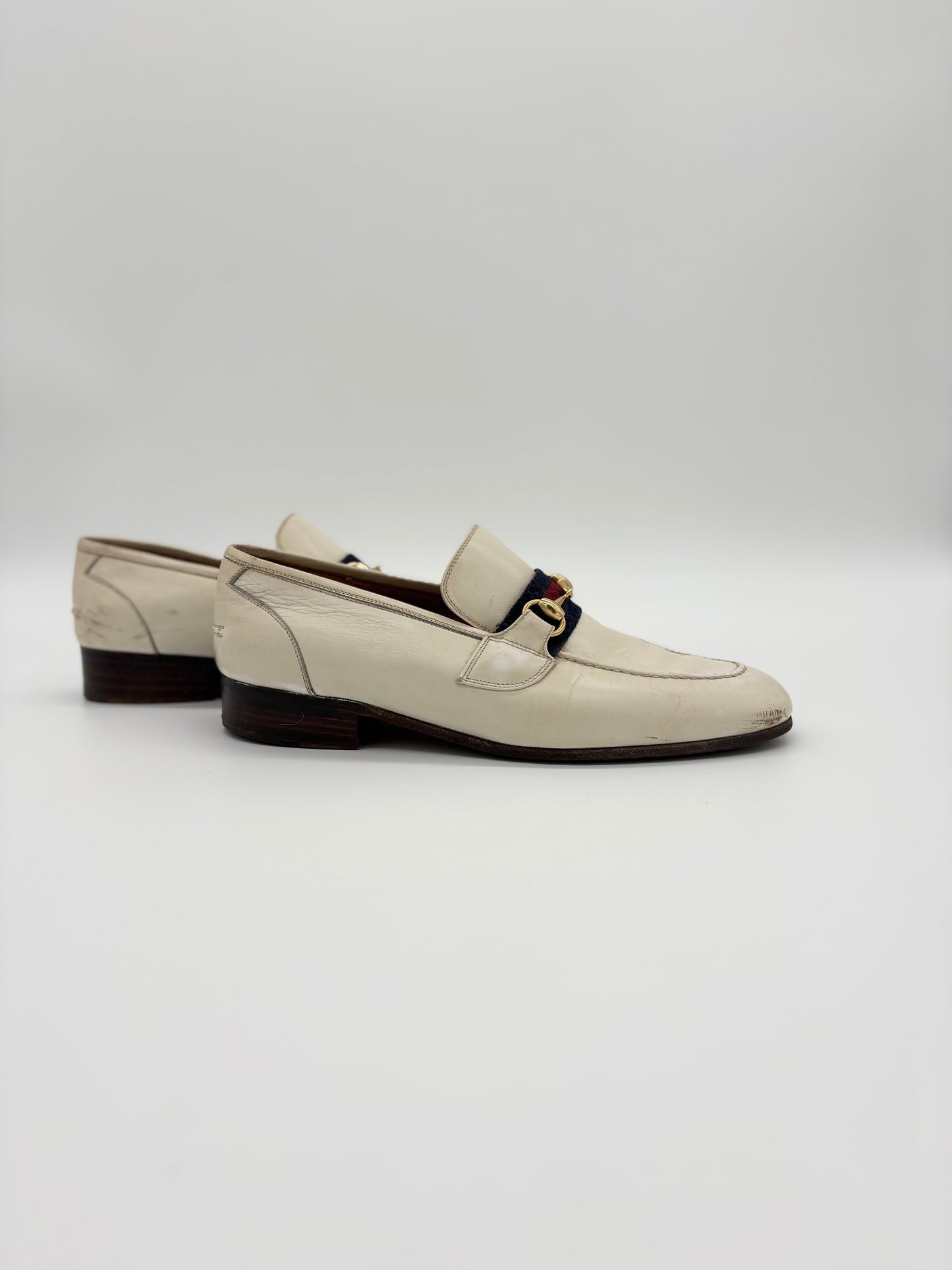 Gucci White Leather Horsebit Mules & Clogs