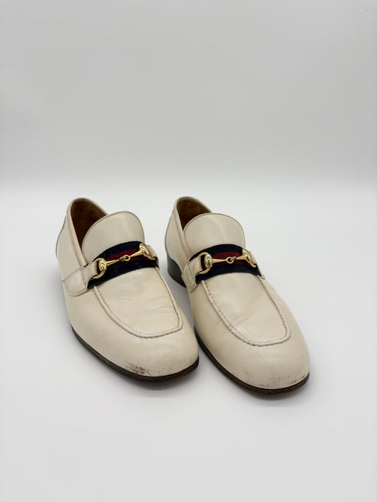 Gucci White Leather Horsebit Mules & Clogs