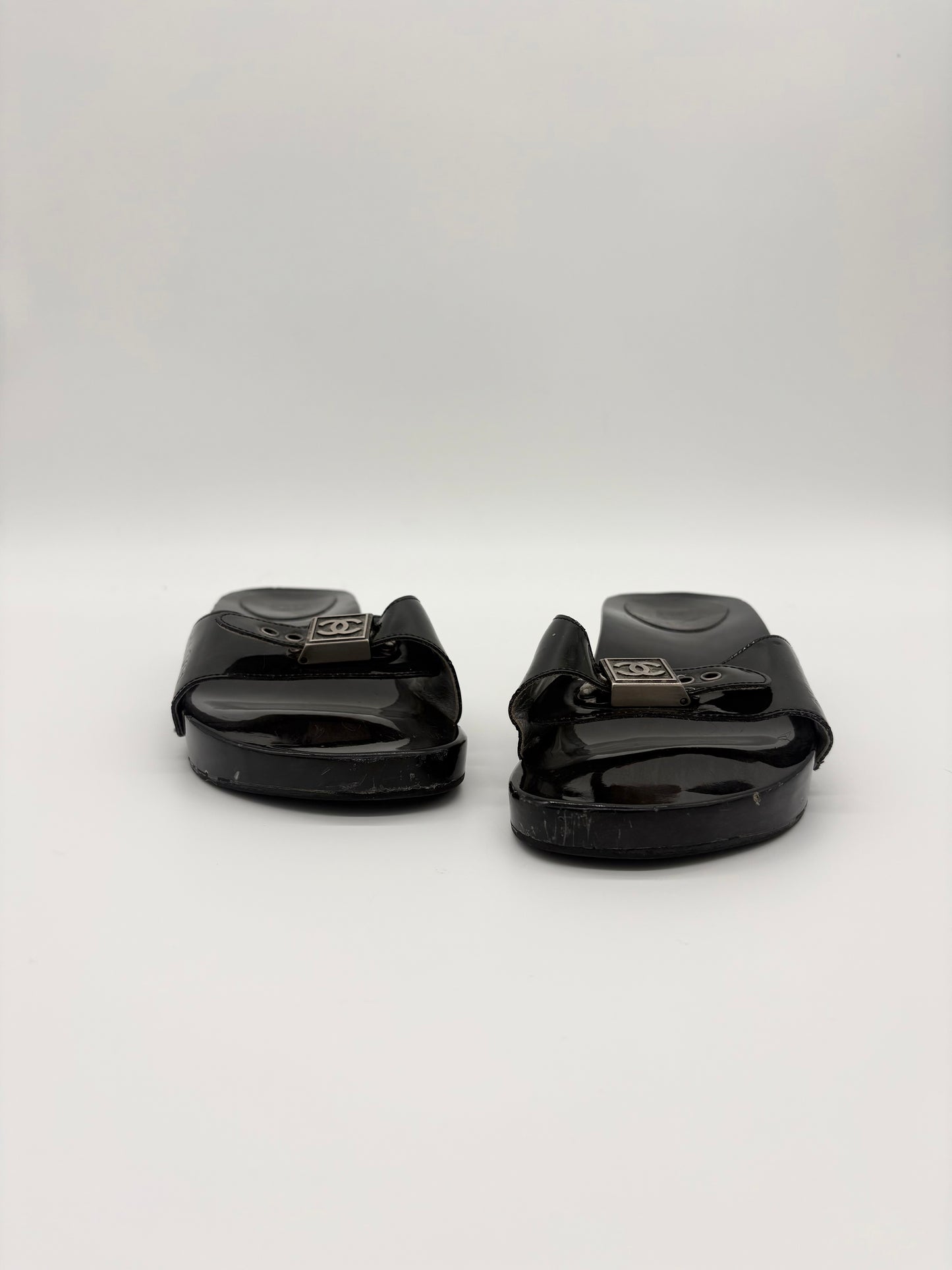 Vintage Chanel Black Wooden Platform Sidle Sandals