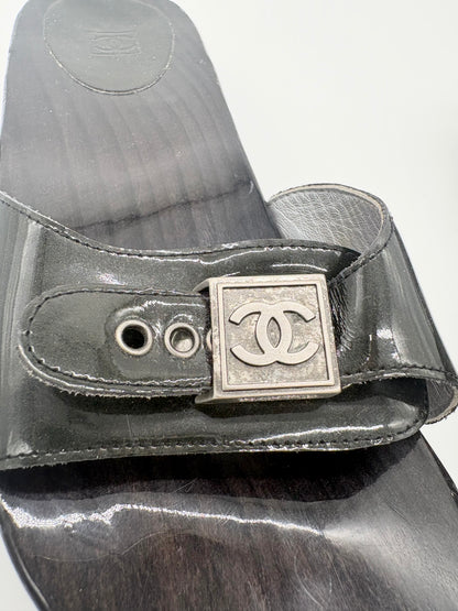 Vintage Chanel Black Wooden Platform Sidle Sandals