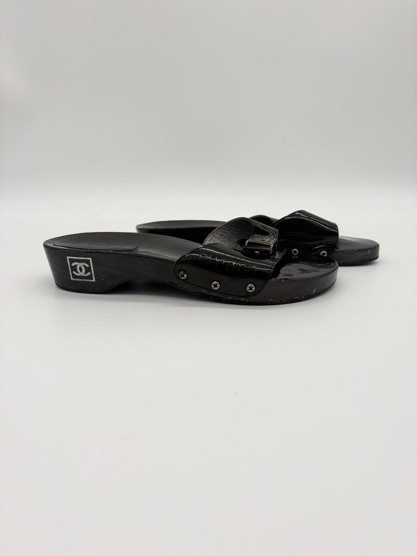 Vintage Chanel Black Wooden Platform Sidle Sandals