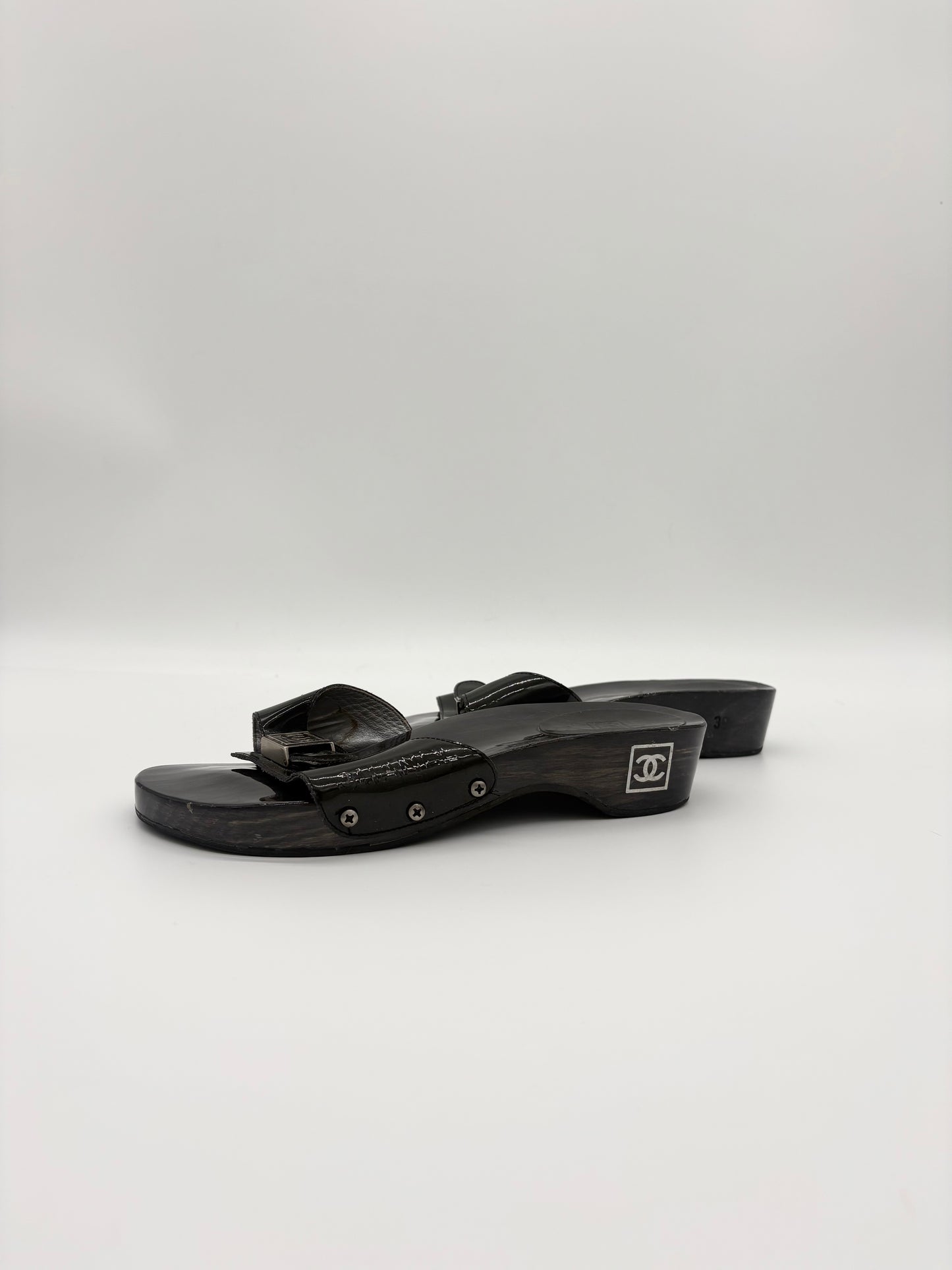 Vintage Chanel Black Wooden Platform Sidle Sandals