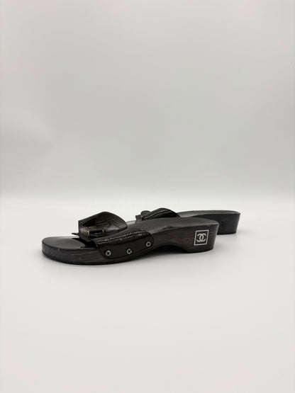 Vintage Chanel Black Wooden Platform Sidle Sandals