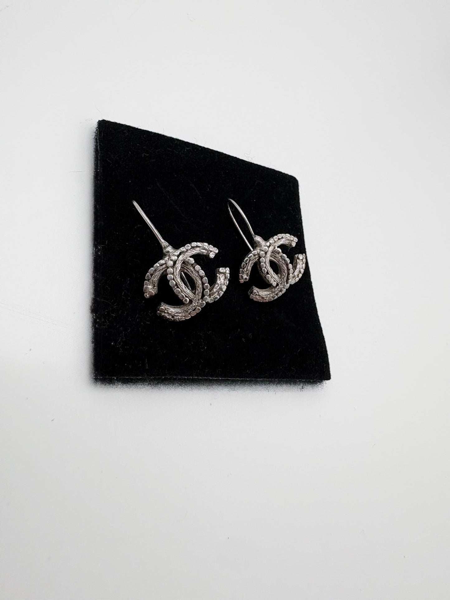 Chanel Sliver Plated CC Logo Drop Earrings