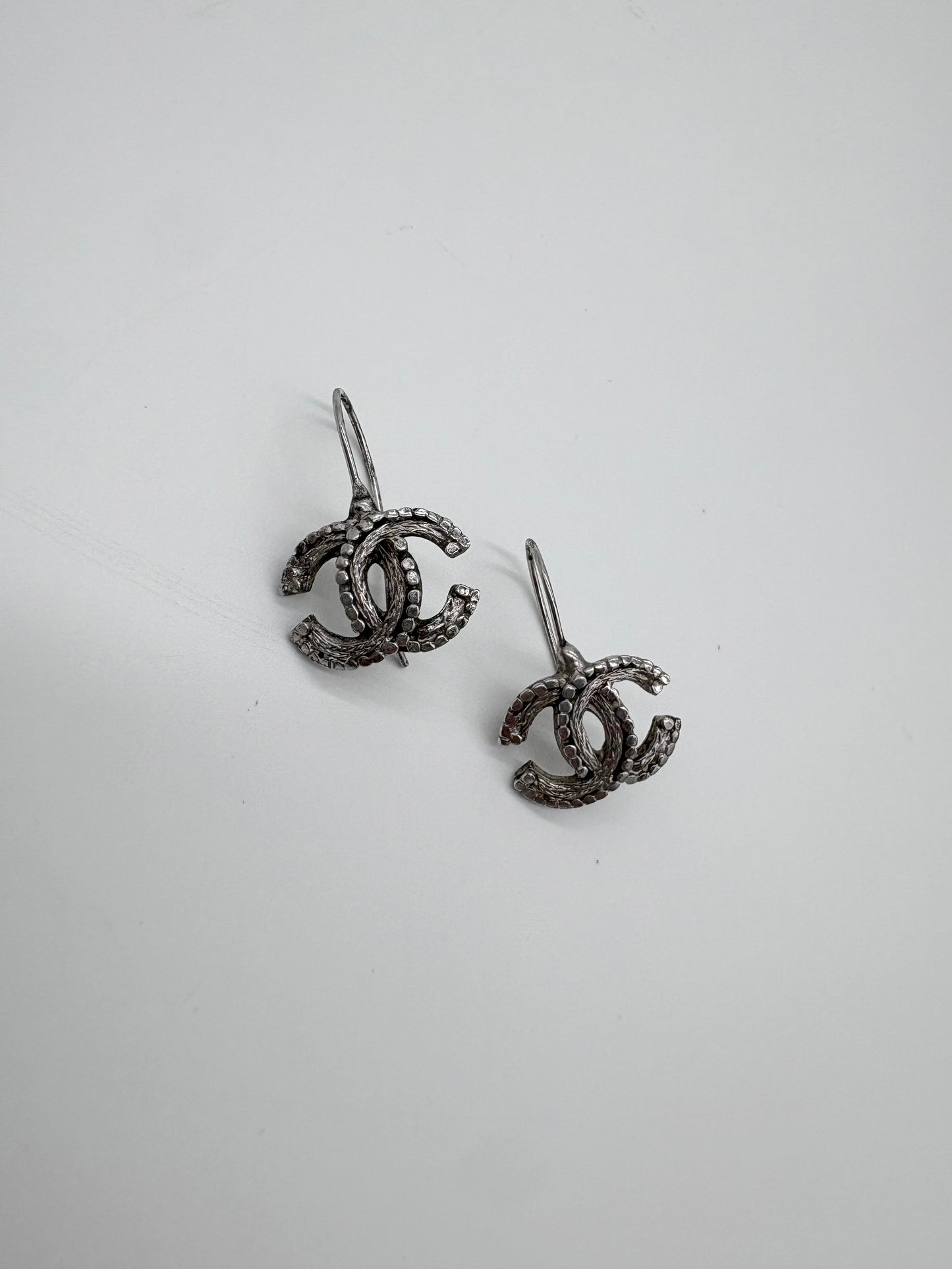 Chanel Sliver Plated CC Logo Drop Earrings