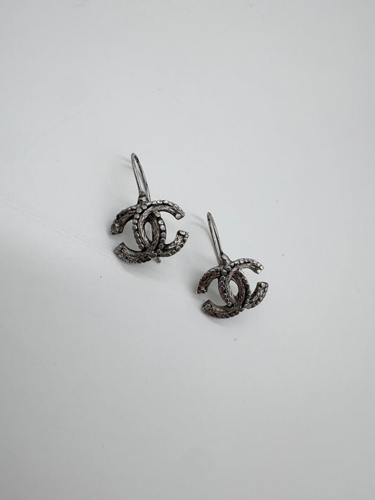 Chanel Sliver Plated CC Logo Drop Earrings