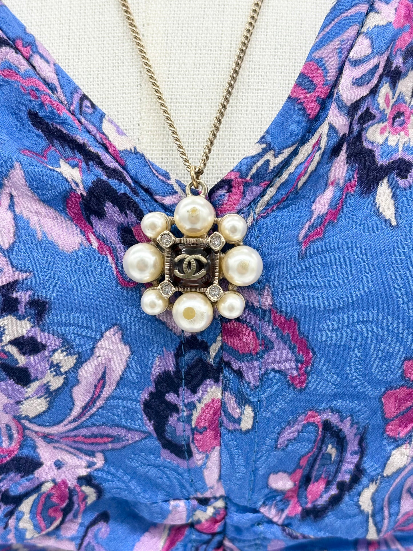 Chanel CC Faux Pearl Flower Pendent Necklace
