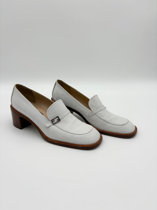 Fendi White Leather Block Heel Loafers