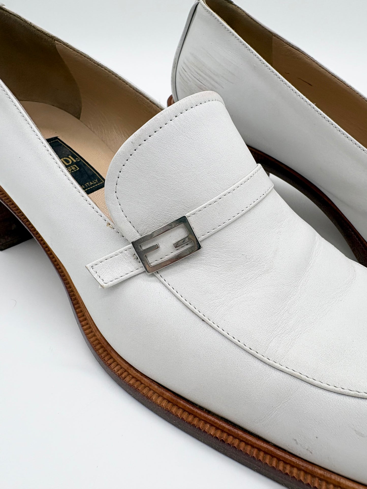 Fendi White Leather Block Heel Loafers