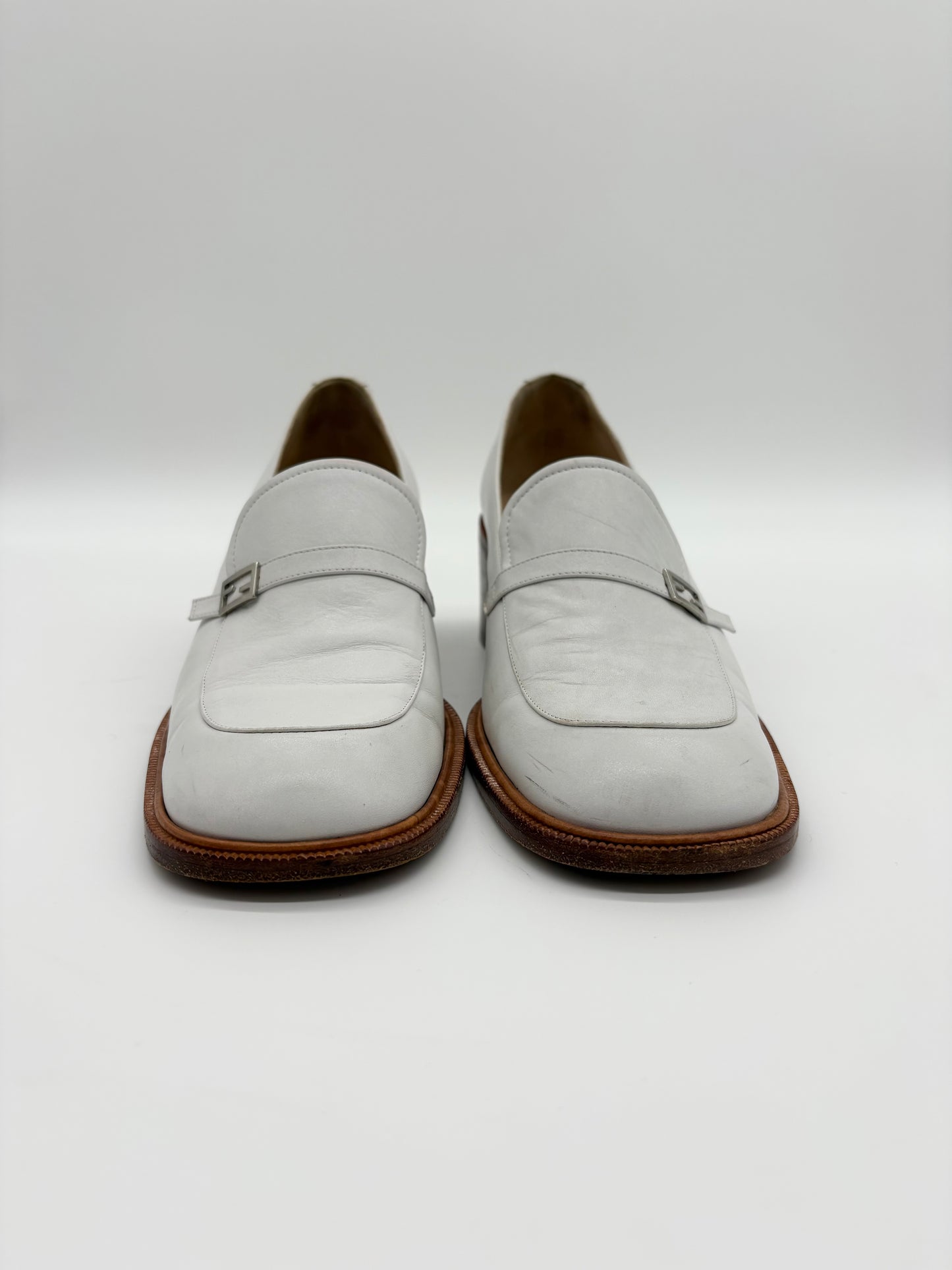 Fendi White Leather Block Heel Loafers