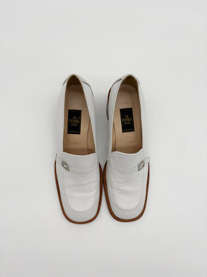 Fendi White Leather Block Heel Loafers