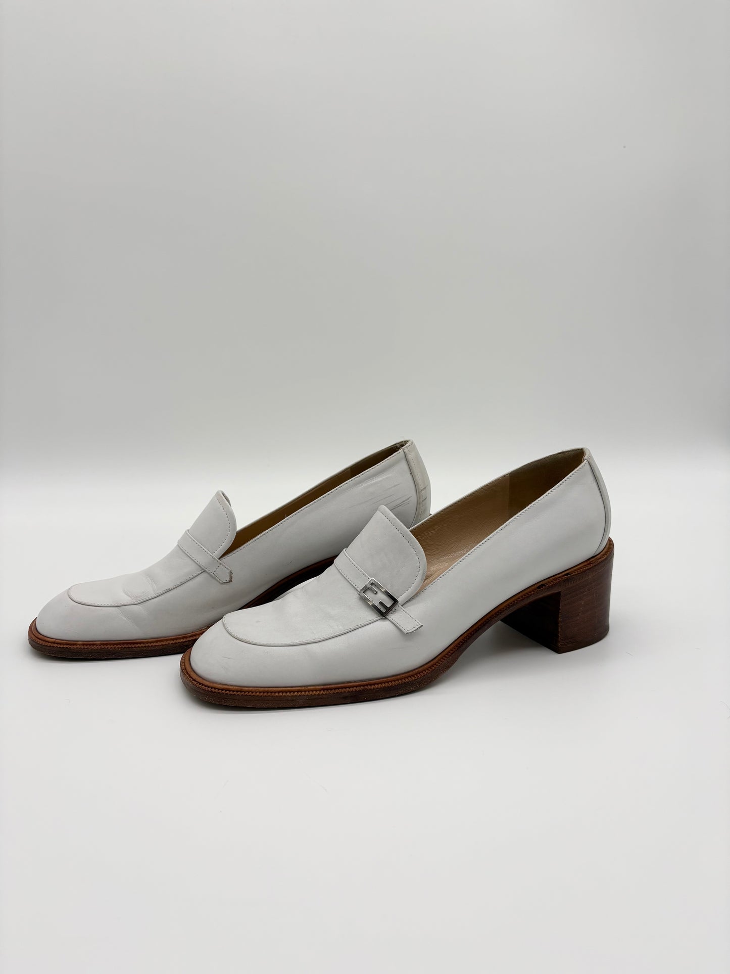 Fendi White Leather Block Heel Loafers