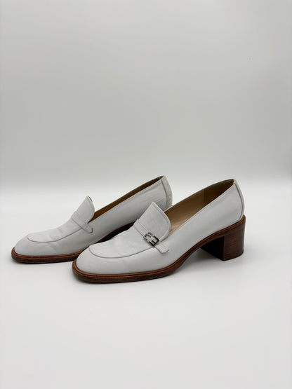 Fendi White Leather Block Heel Loafers