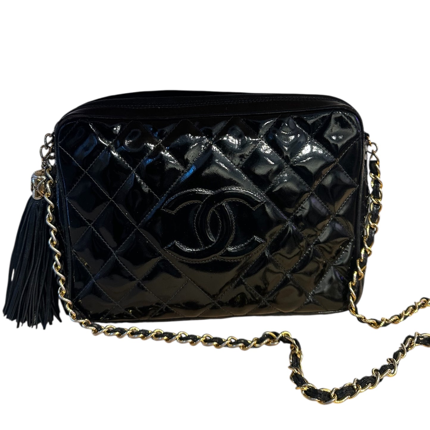 1990s Chanel Black Patent Leather camera bag with gold hardware ***SOLD***