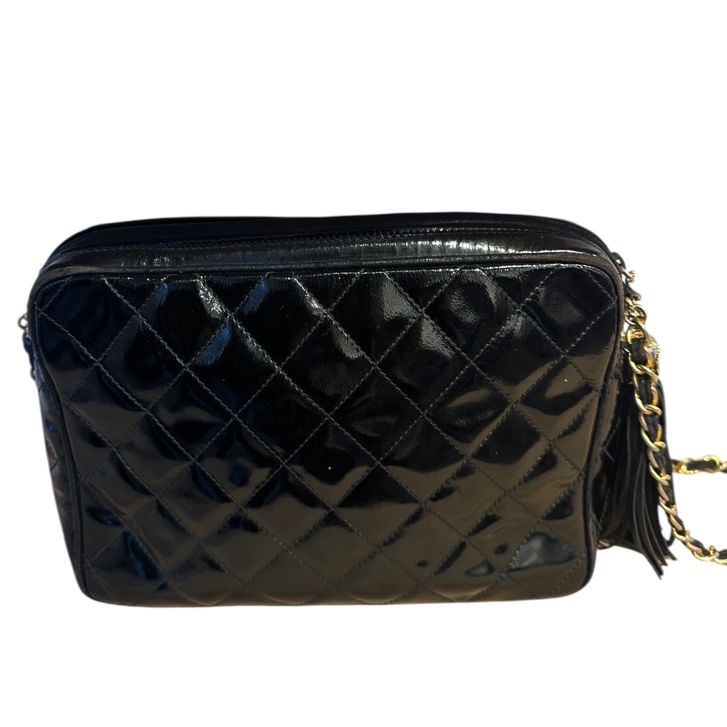 1990s Chanel Black Patent Leather camera bag with gold hardware ***SOLD***