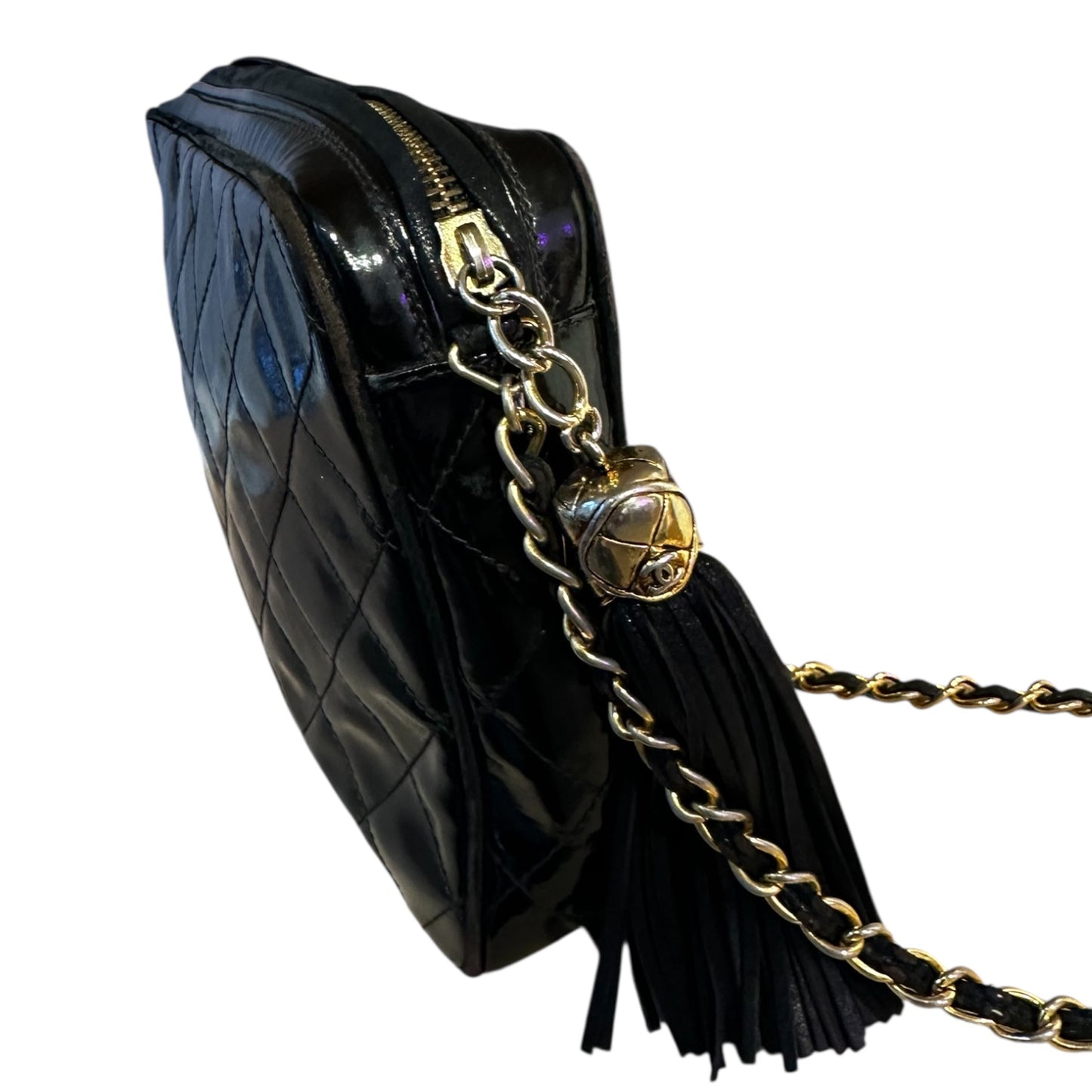 1990s Chanel Black Patent Leather camera bag with gold hardware ***SOLD***