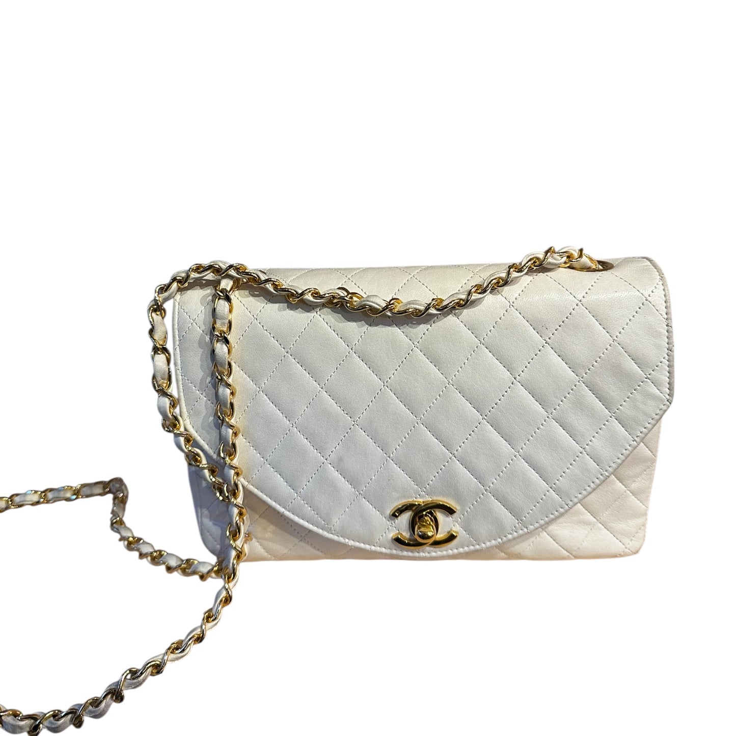 1980s Chanel White Lambskin Diana Flap Bag with 24K gold hardware from Karl Lagerfeld era.***SOLD***