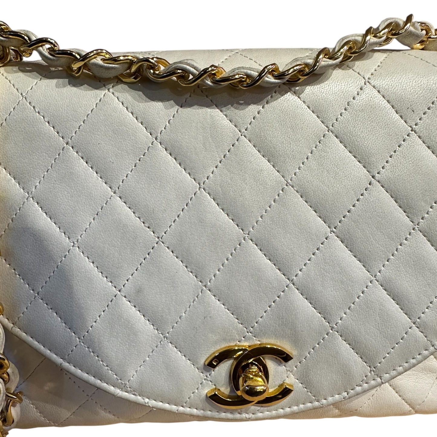 1980s Chanel White Lambskin Diana Flap Bag with 24K gold hardware from Karl Lagerfeld era.***SOLD***