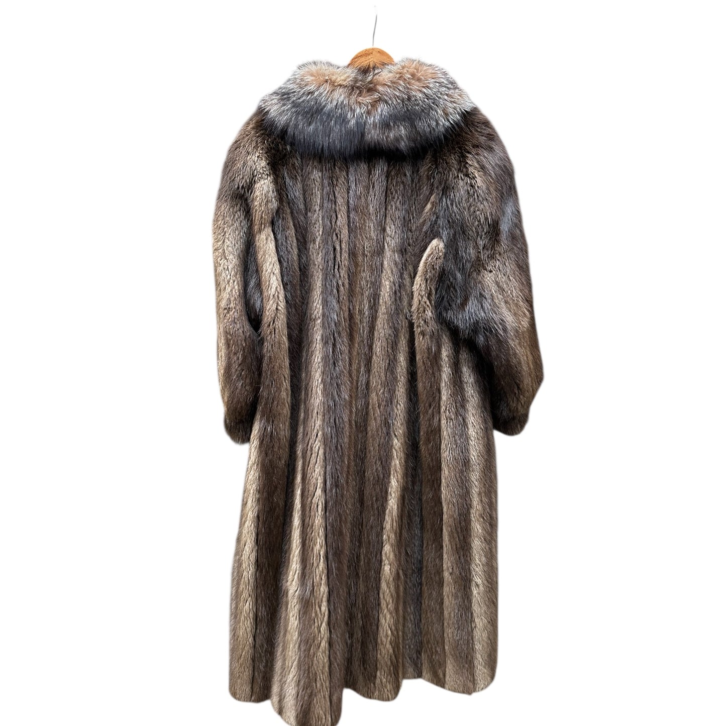 Brown Racoon Fur with Silver Fox Tuxedo Collar Full length
