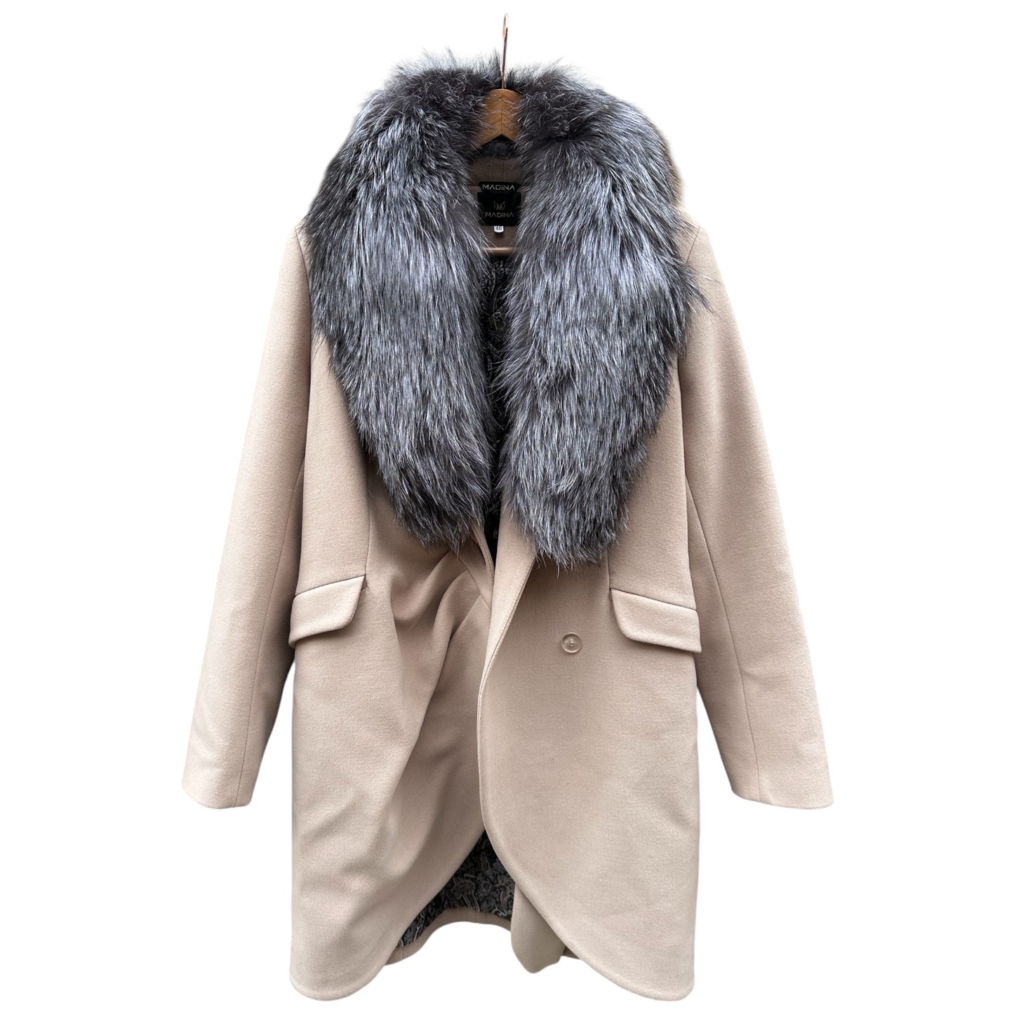 Blush Wool Blend Coat with Silver Fox Fur Collar