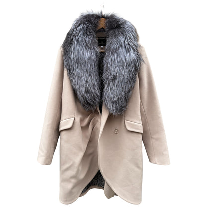 Blush Wool Blend Coat with Silver Fox Fur Collar
