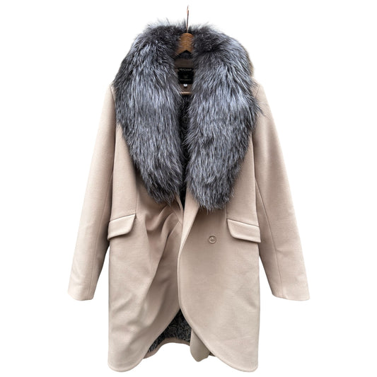 Blush Wool Blend Coat with Silver Fox Fur Collar